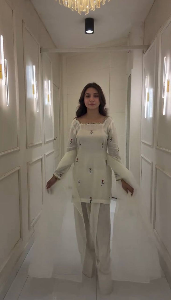 Innovative White Color Chinnon Silk With Embroidery Work Palazzo Suit