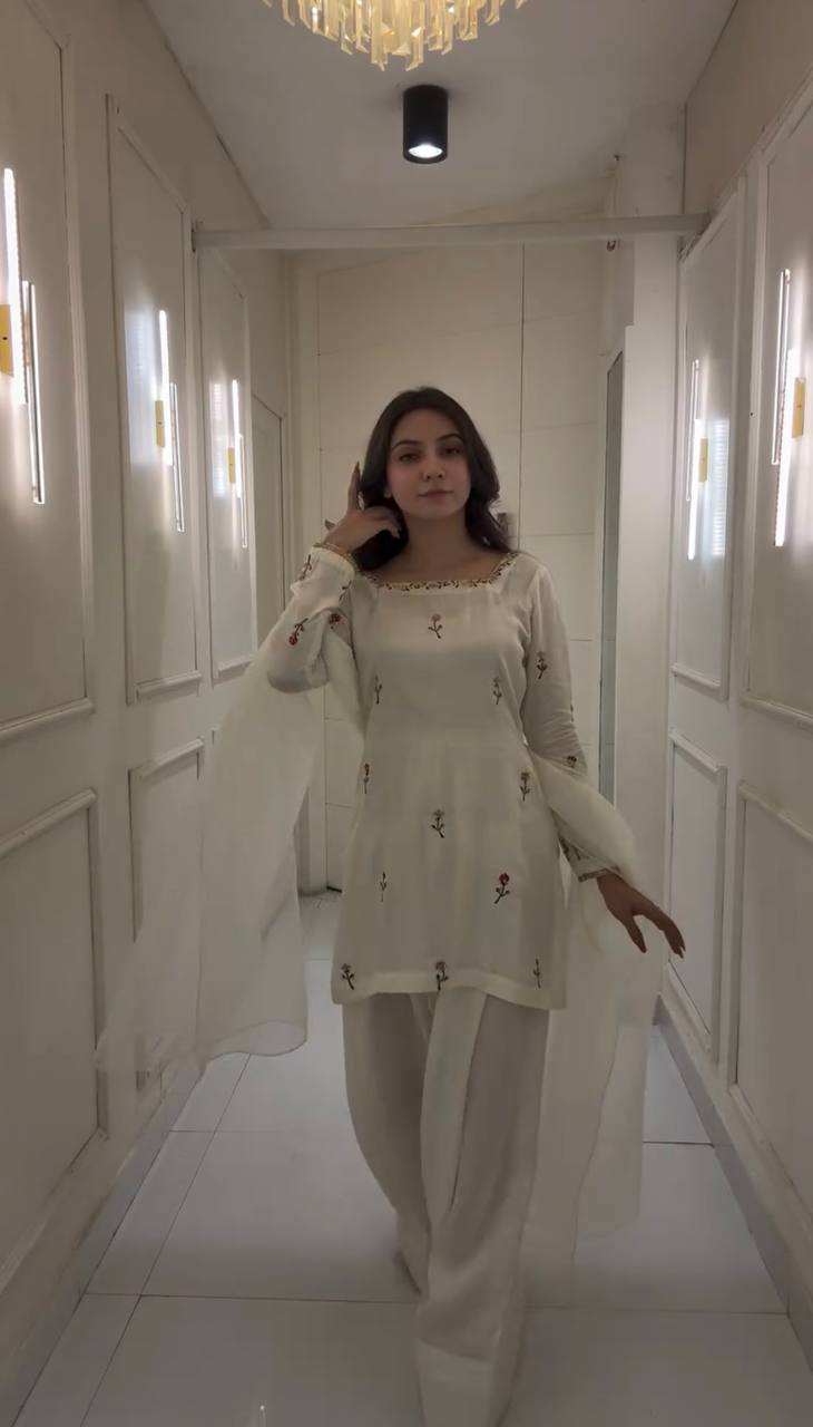 Innovative White Color Chinnon Silk With Embroidery Work Palazzo Suit