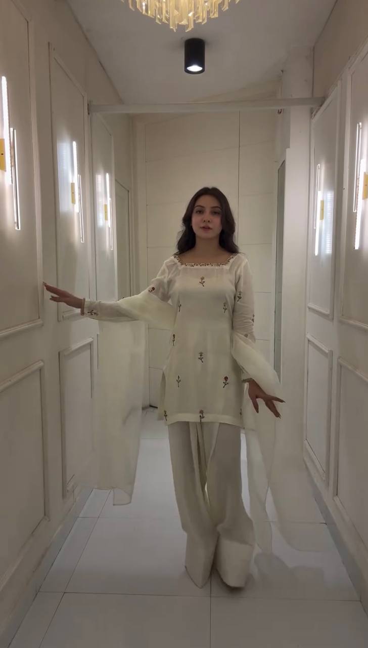 Innovative White Color Chinnon Silk With Embroidery Work Palazzo Suit