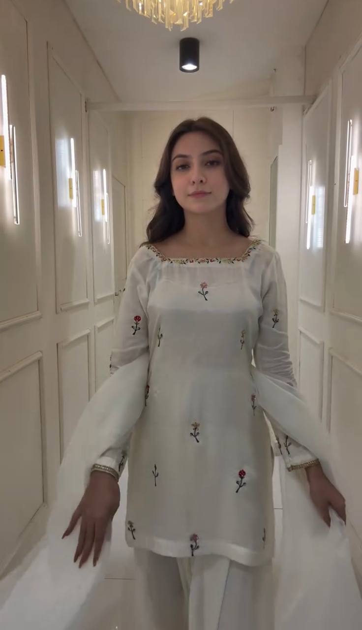 Innovative White Color Chinnon Silk With Embroidery Work Palazzo Suit