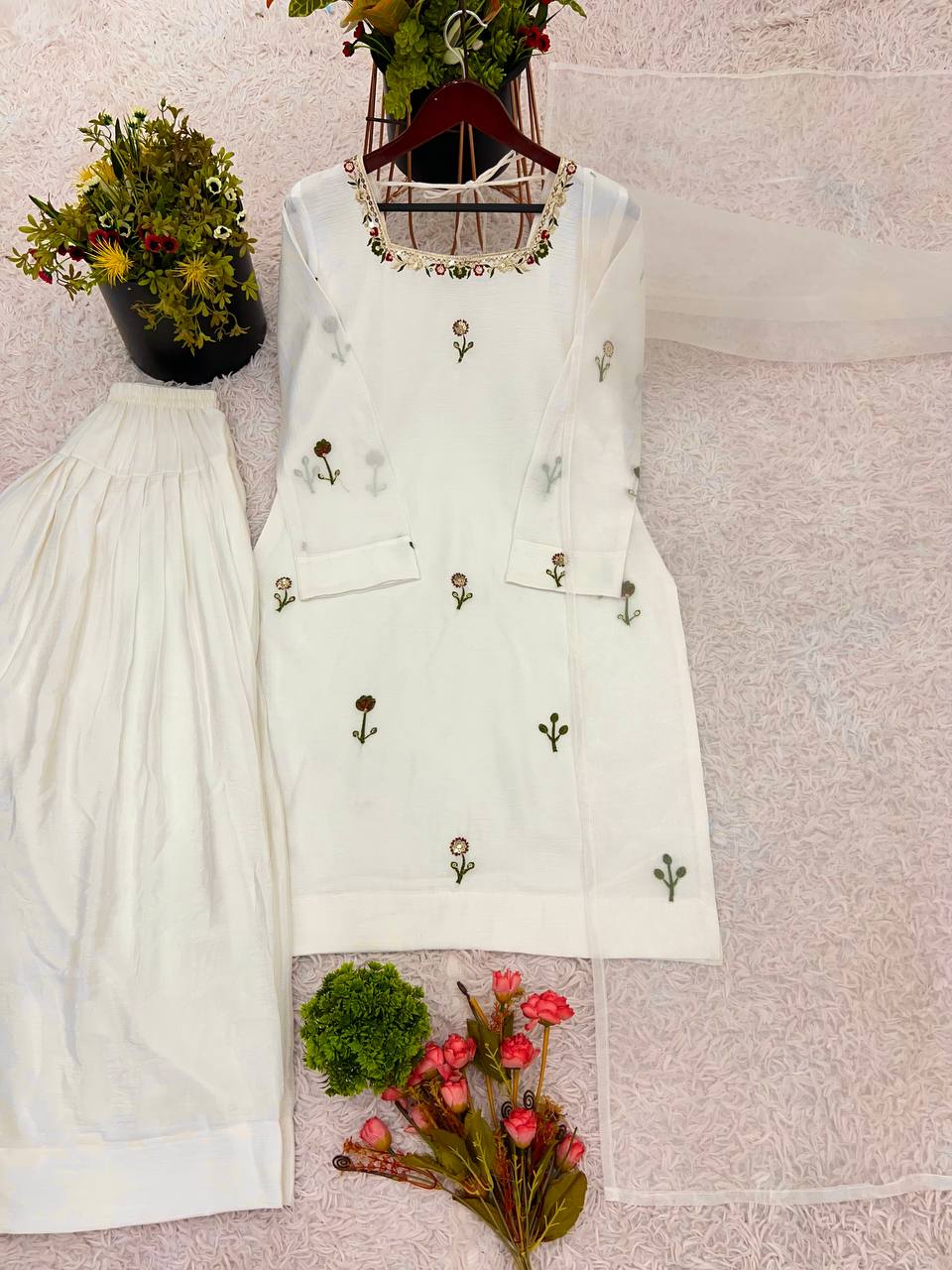 Innovative White Color Chinnon Silk With Embroidery Work Palazzo Suit