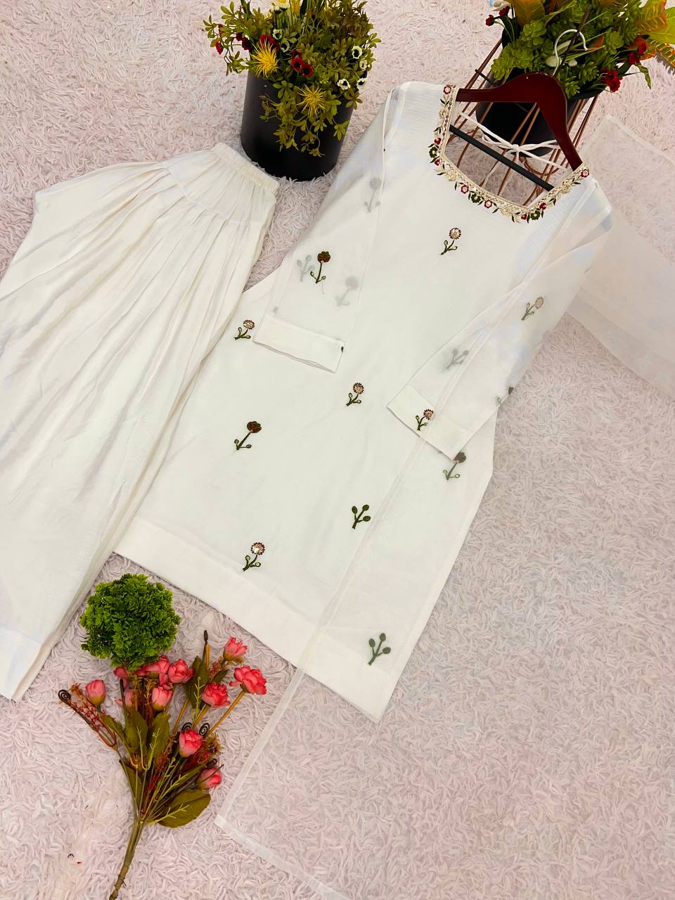 Innovative White Color Chinnon Silk With Embroidery Work Palazzo Suit