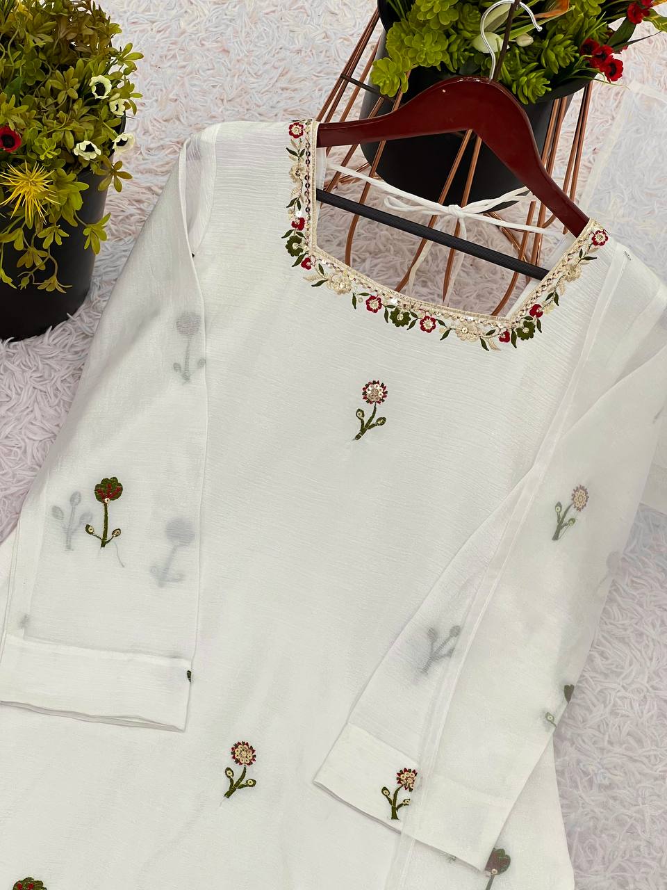 Innovative White Color Chinnon Silk With Embroidery Work Palazzo Suit