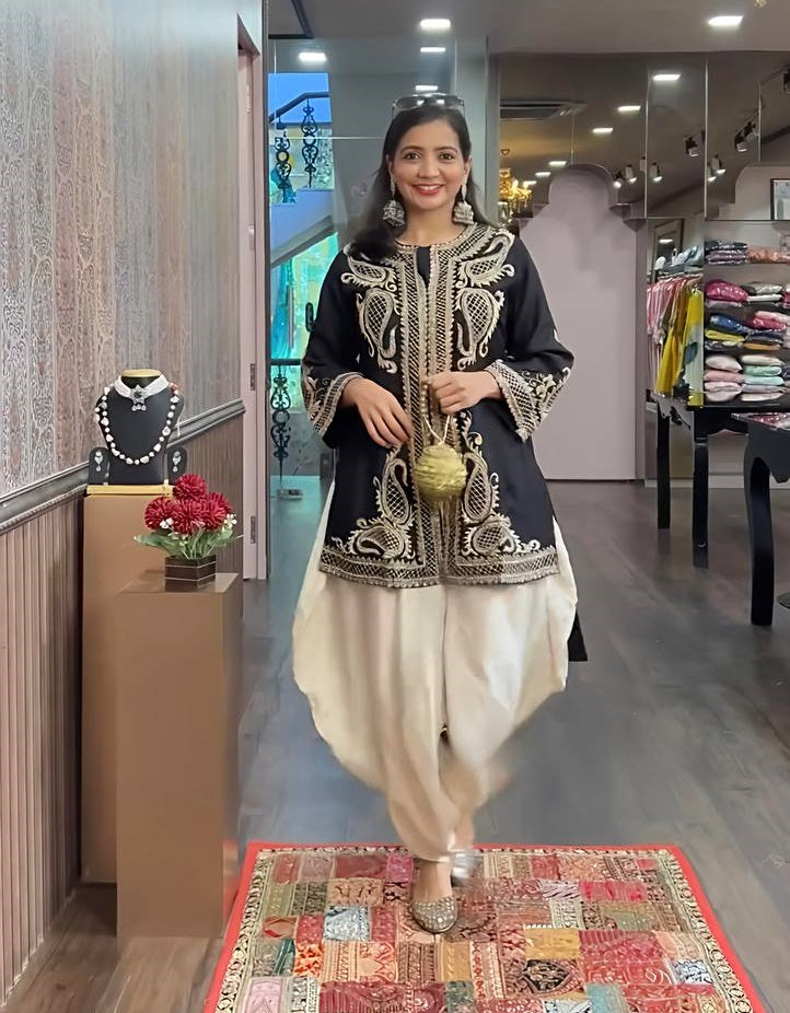 Function Wear Black Color Pure Chinon Silk With Embroidery Sequence Work Dhoti Suit