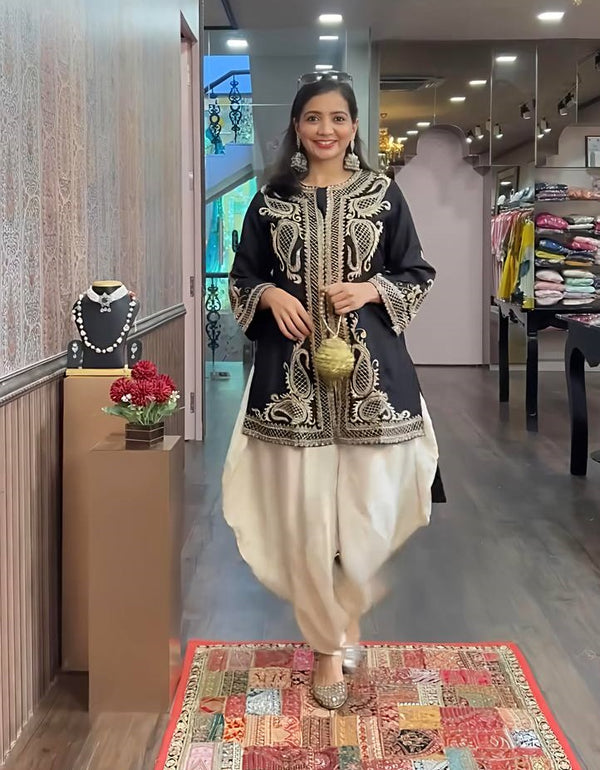 Function Wear Black Color Pure Chinon Silk With Embroidery Sequence Work Dhoti Suit