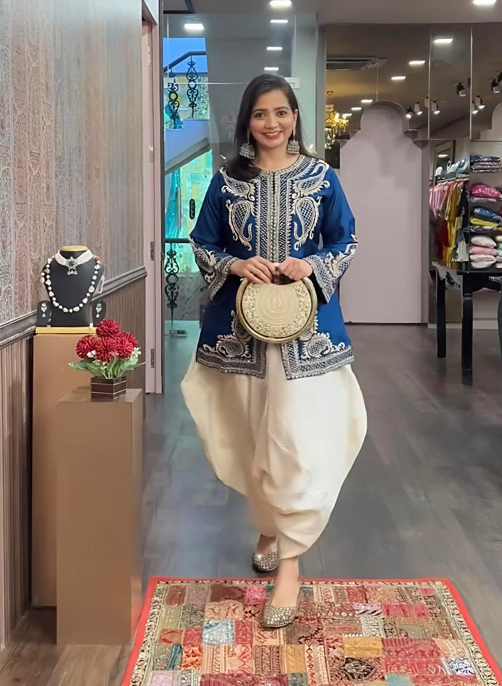 Function Wear Blue Color Pure Chinon Silk With Embroidery Sequence Work Dhoti Suit