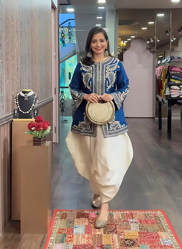 Function Wear Blue Color Pure Chinon Silk With Embroidery Sequence Work Dhoti Suit