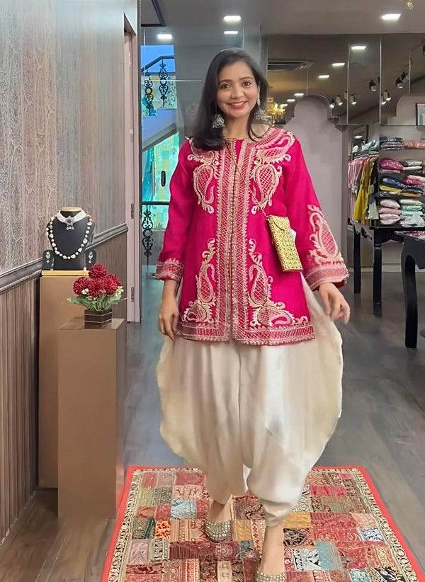 Function Wear Pink Color Pure Chinon Silk With Embroidery Sequence Work Dhoti Suit