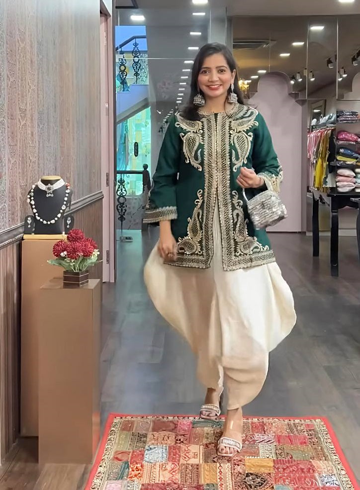 Function Wear Green Color Pure Chinon Silk With Embroidery Sequence Work Dhoti Sui