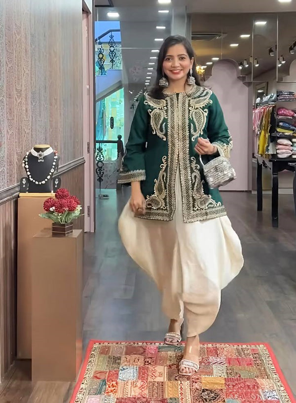 Function Wear Green Color Pure Chinon Silk With Embroidery Sequence Work Dhoti Sui