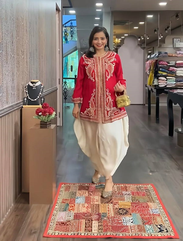 Function Wear Red Color Pure Chinon Silk With Embroidery Sequence Work Dhoti Suit