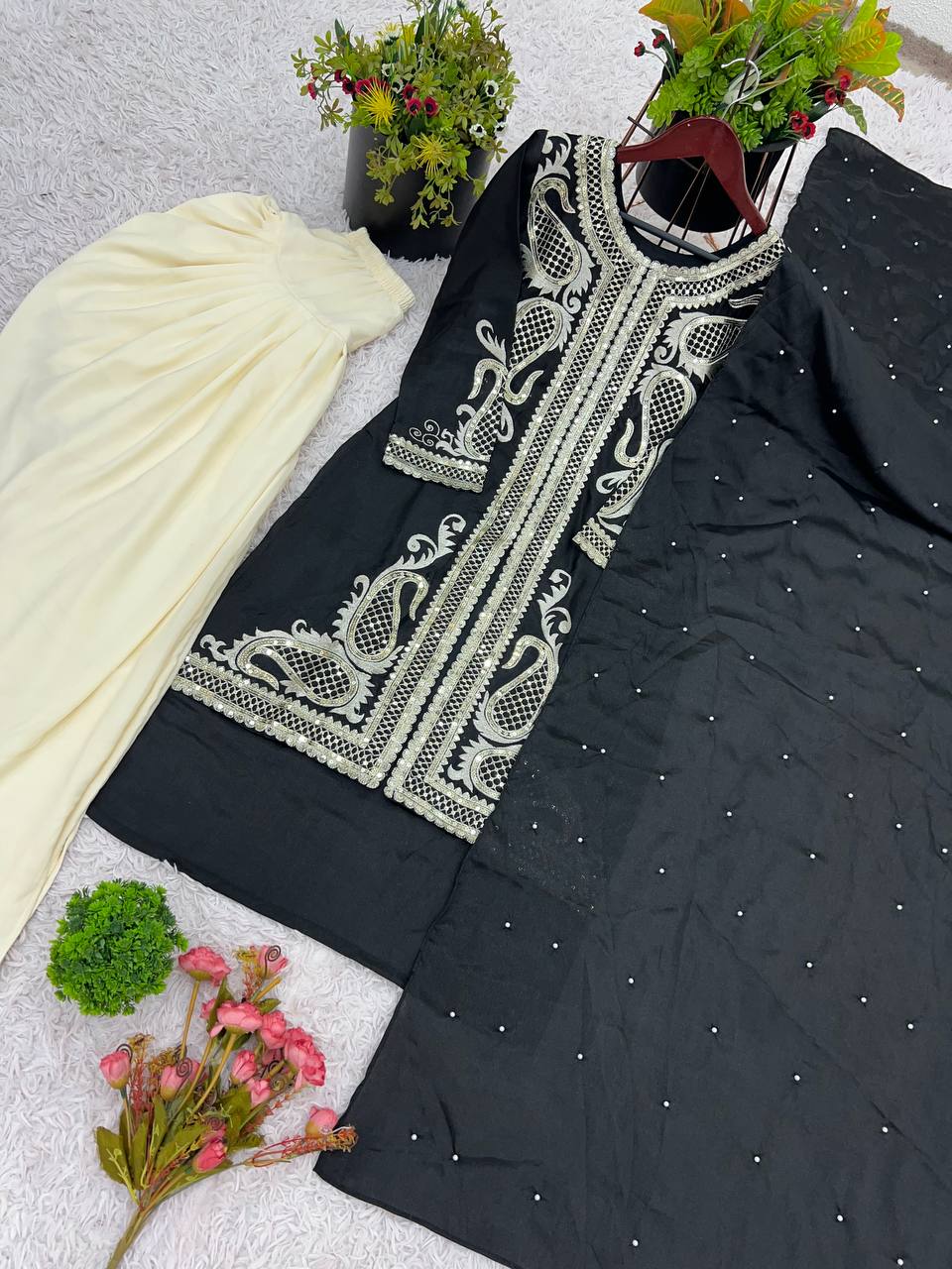 Function Wear Black Color Pure Chinon Silk With Embroidery Sequence Work Dhoti Suit
