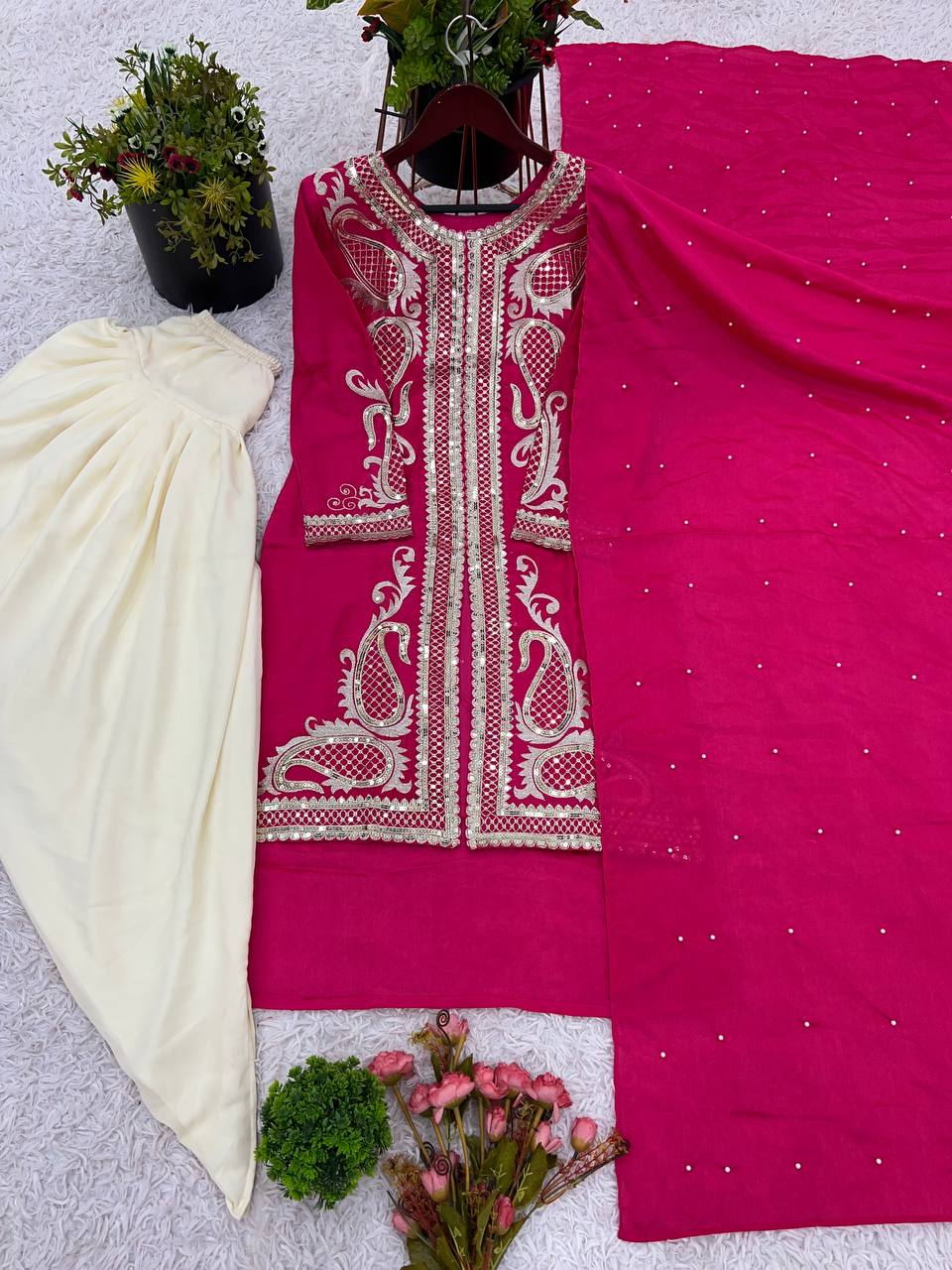 Function Wear Pink Color Pure Chinon Silk With Embroidery Sequence Work Dhoti Suit
