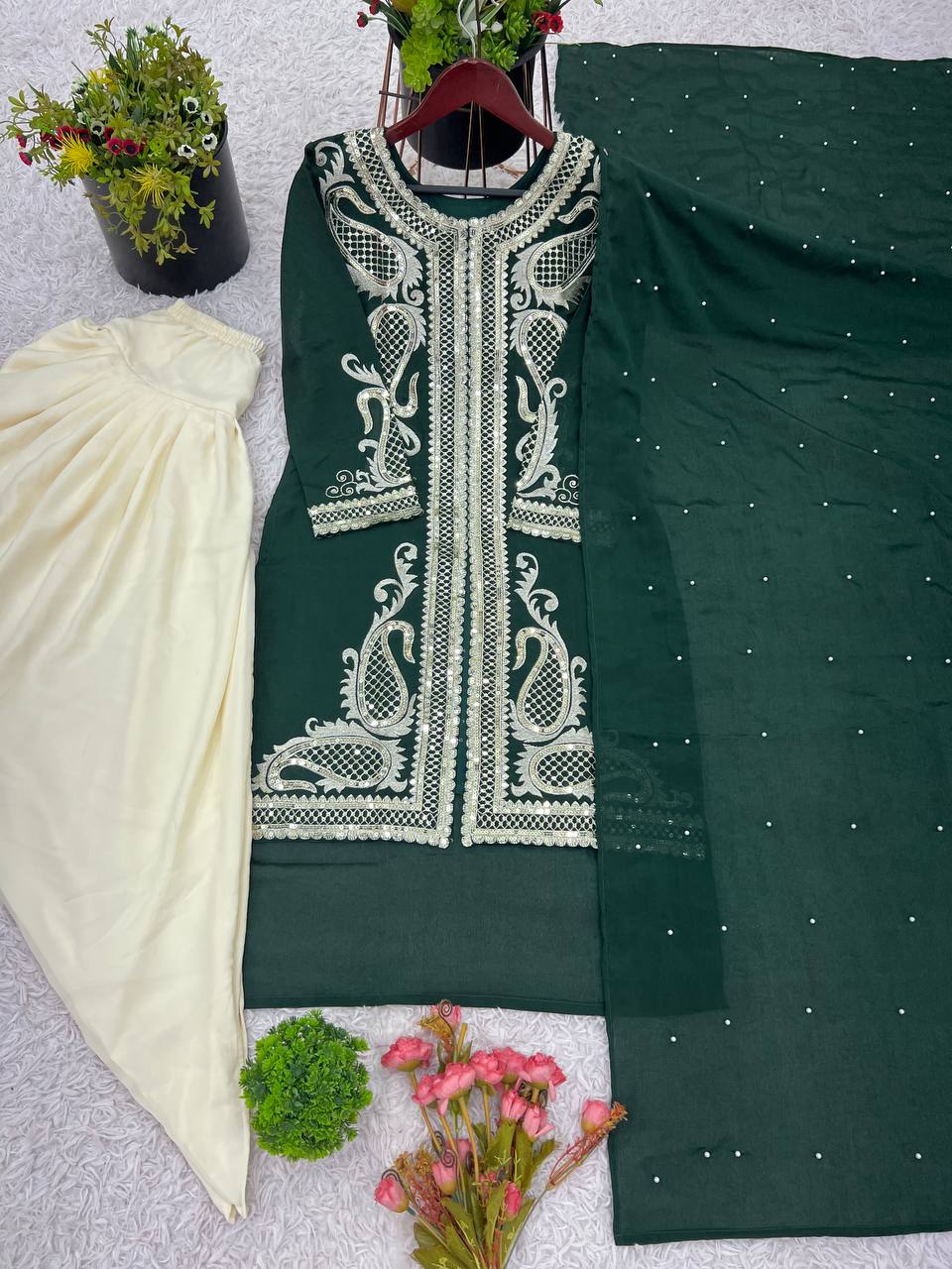 Function Wear Green Color Pure Chinon Silk With Embroidery Sequence Work Dhoti Sui