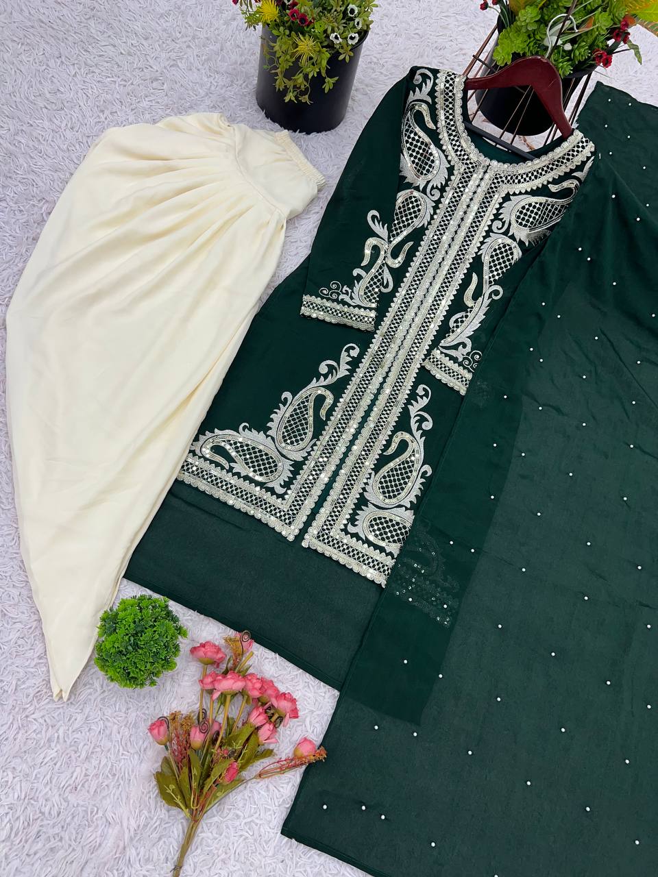 Function Wear Green Color Pure Chinon Silk With Embroidery Sequence Work Dhoti Sui