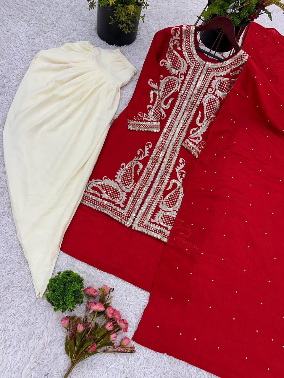 Function Wear Red Color Pure Chinon Silk With Embroidery Sequence Work Dhoti Suit
