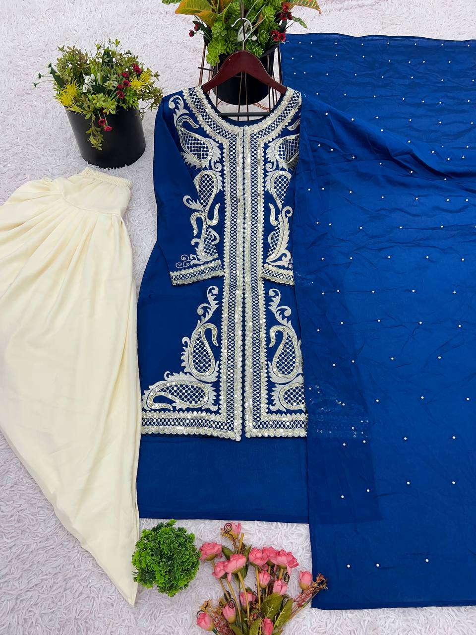 Function Wear Blue Color Pure Chinon Silk With Embroidery Sequence Work Dhoti Suit