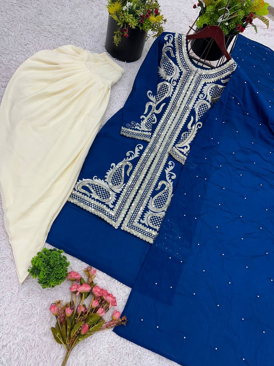 Function Wear Blue Color Pure Chinon Silk With Embroidery Sequence Work Dhoti Suit