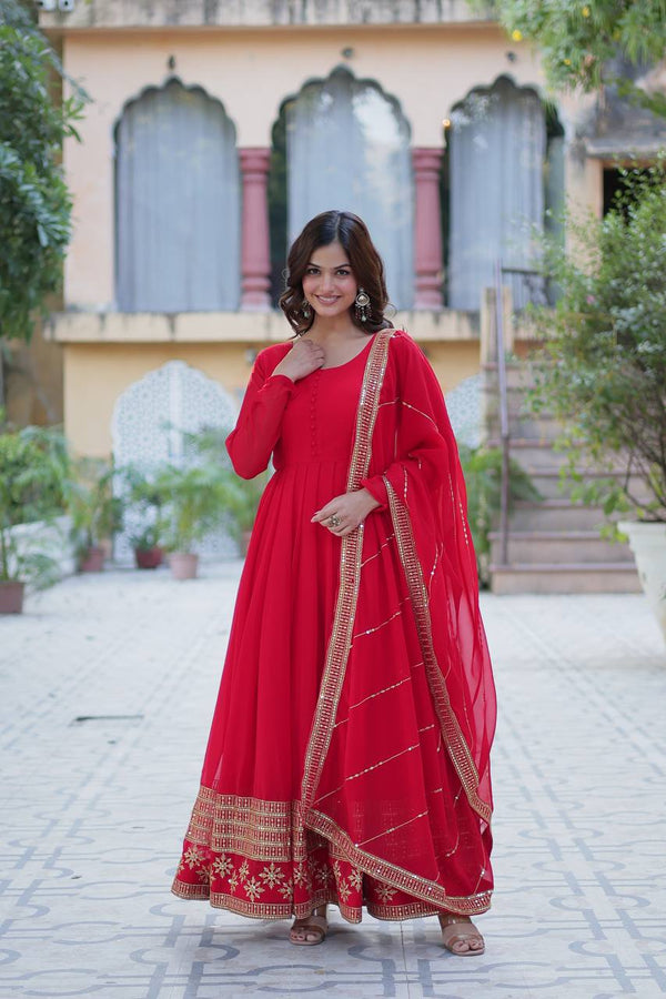 Ceremony Wear Red Color Faux Blooming With Multi Sequins Embroidered Work Designer Gown