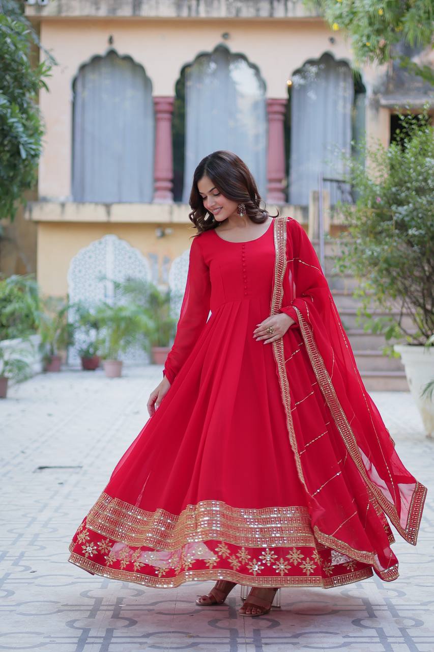 Ceremony Wear Red Color Faux Blooming With Multi Sequins Embroidered Work Designer Gown