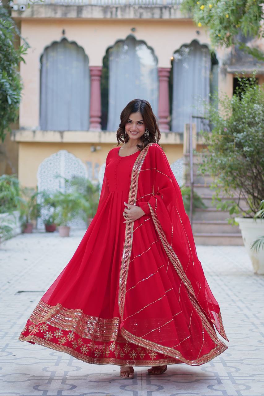 Ceremony Wear Red Color Faux Blooming With Multi Sequins Embroidered Work Designer Gown