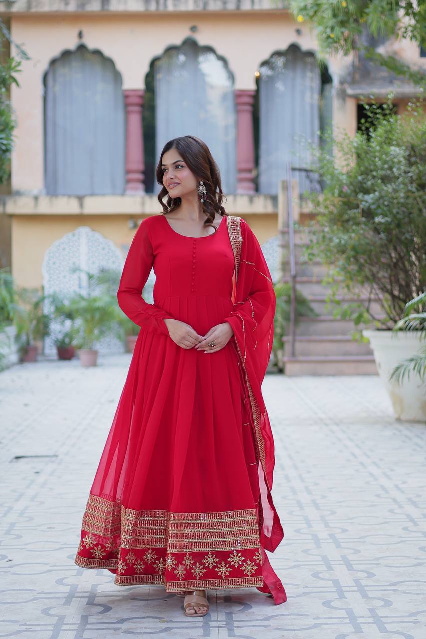 Ceremony Wear Red Color Faux Blooming With Multi Sequins Embroidered Work Designer Gown