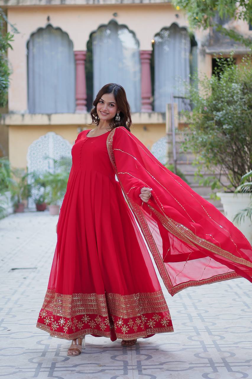 Ceremony Wear Red Color Faux Blooming With Multi Sequins Embroidered Work Designer Gown