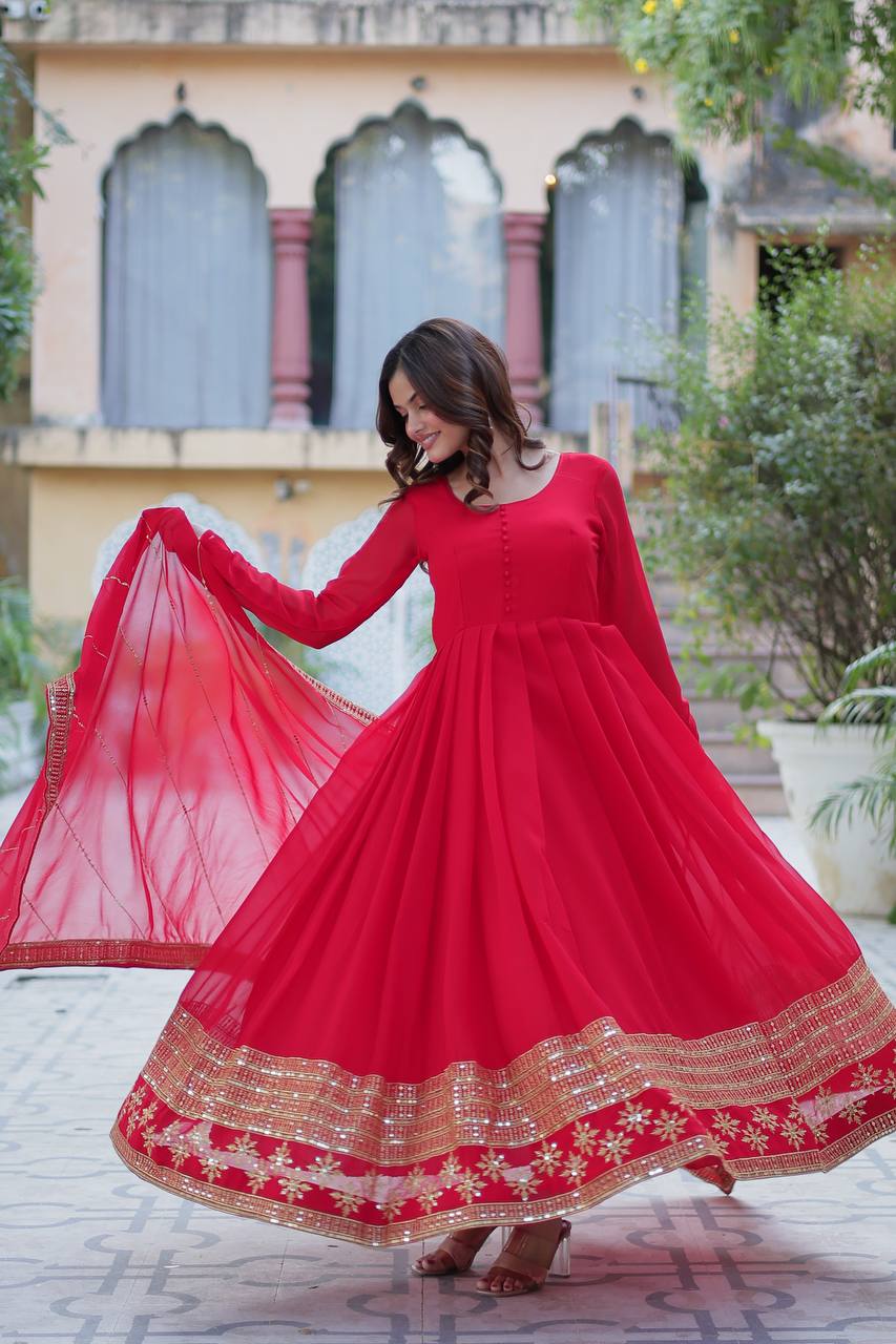 Ceremony Wear Red Color Faux Blooming With Multi Sequins Embroidered Work Designer Gown