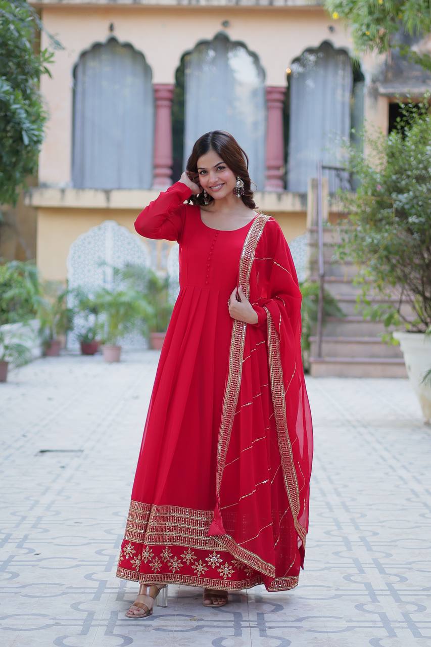 Ceremony Wear Red Color Faux Blooming With Multi Sequins Embroidered Work Designer Gown