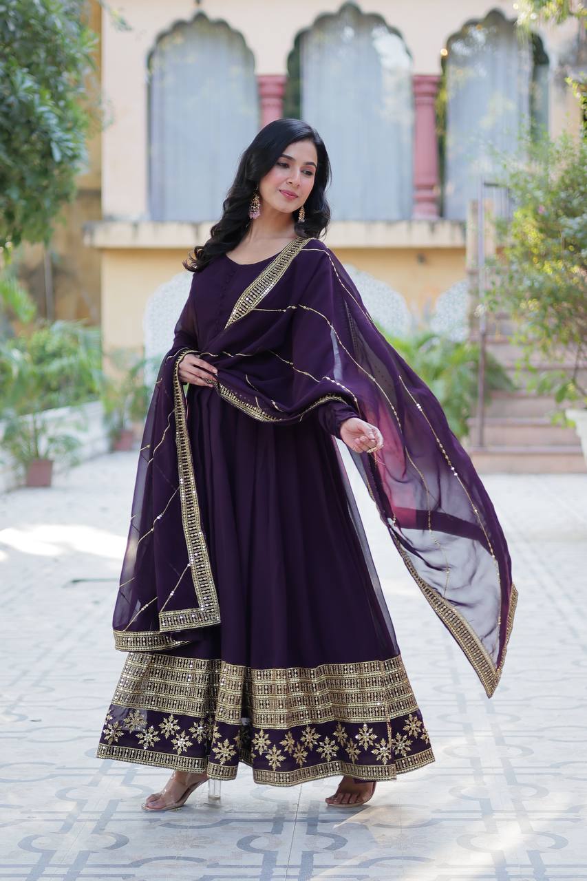 Ceremony Wear Purple Color Faux Blooming With Multi Sequins Embroidered Work Designer Gown