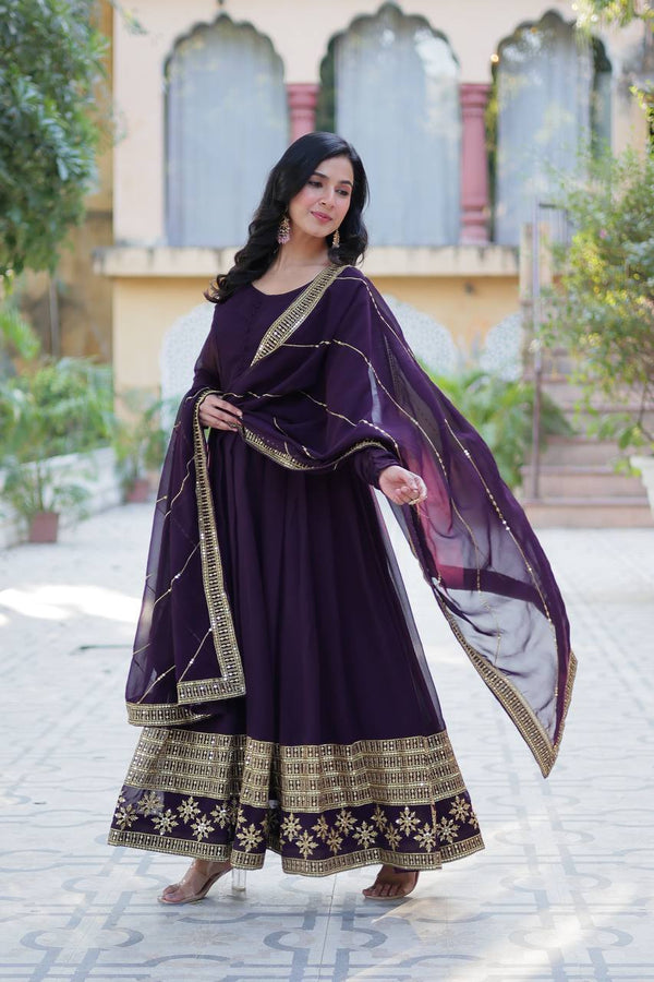 Ceremony Wear Purple Color Faux Blooming With Multi Sequins Embroidered Work Designer Gown