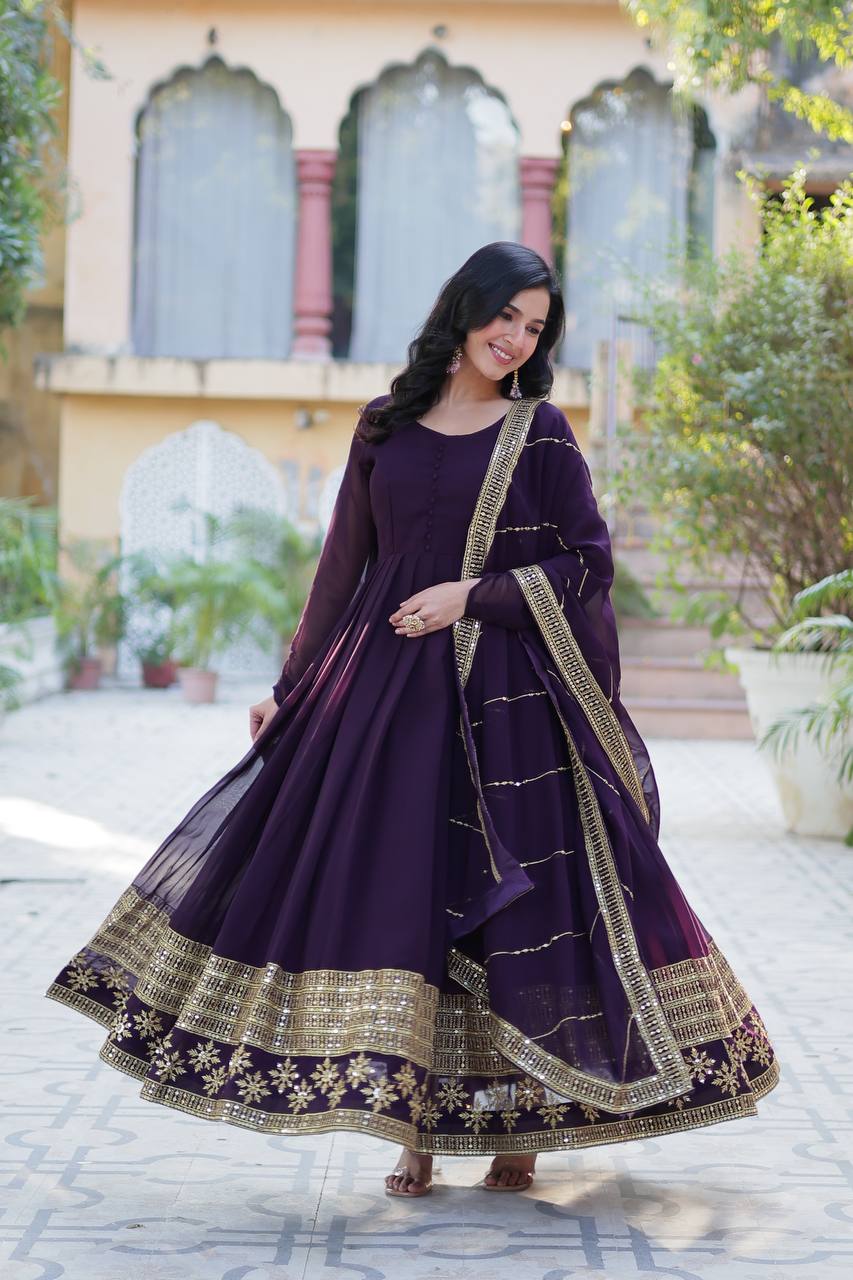 Ceremony Wear Purple Color Faux Blooming With Multi Sequins Embroidered Work Designer Gown