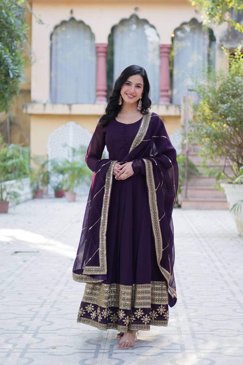 Ceremony Wear Purple Color Faux Blooming With Multi Sequins Embroidered Work Designer Gown