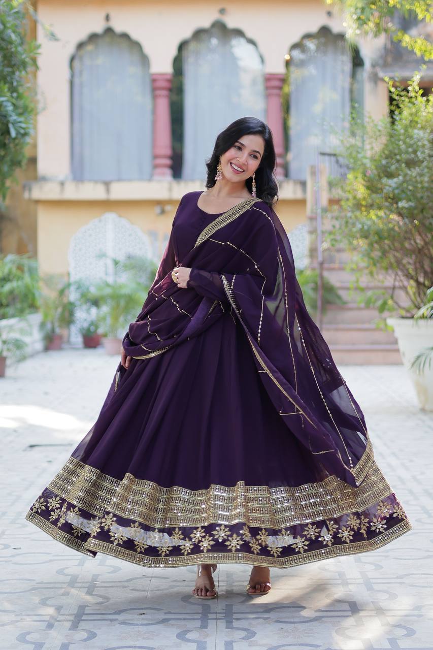 Ceremony Wear Purple Color Faux Blooming With Multi Sequins Embroidered Work Designer Gown