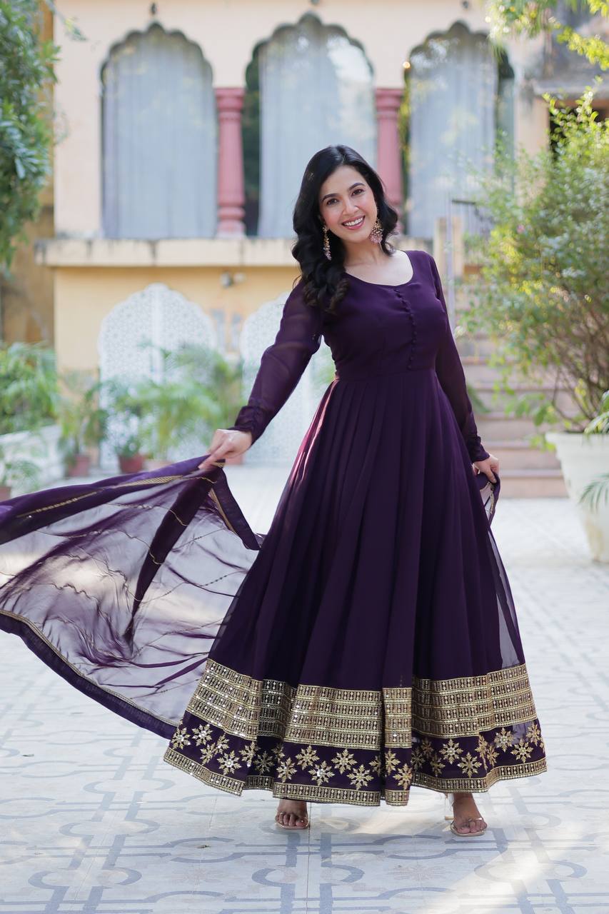 Ceremony Wear Purple Color Faux Blooming With Multi Sequins Embroidered Work Designer Gown