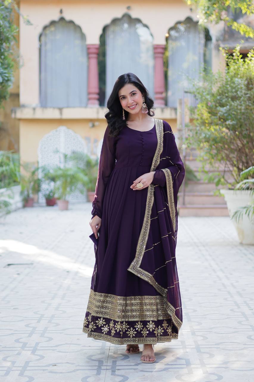 Ceremony Wear Purple Color Faux Blooming With Multi Sequins Embroidered Work Designer Gown