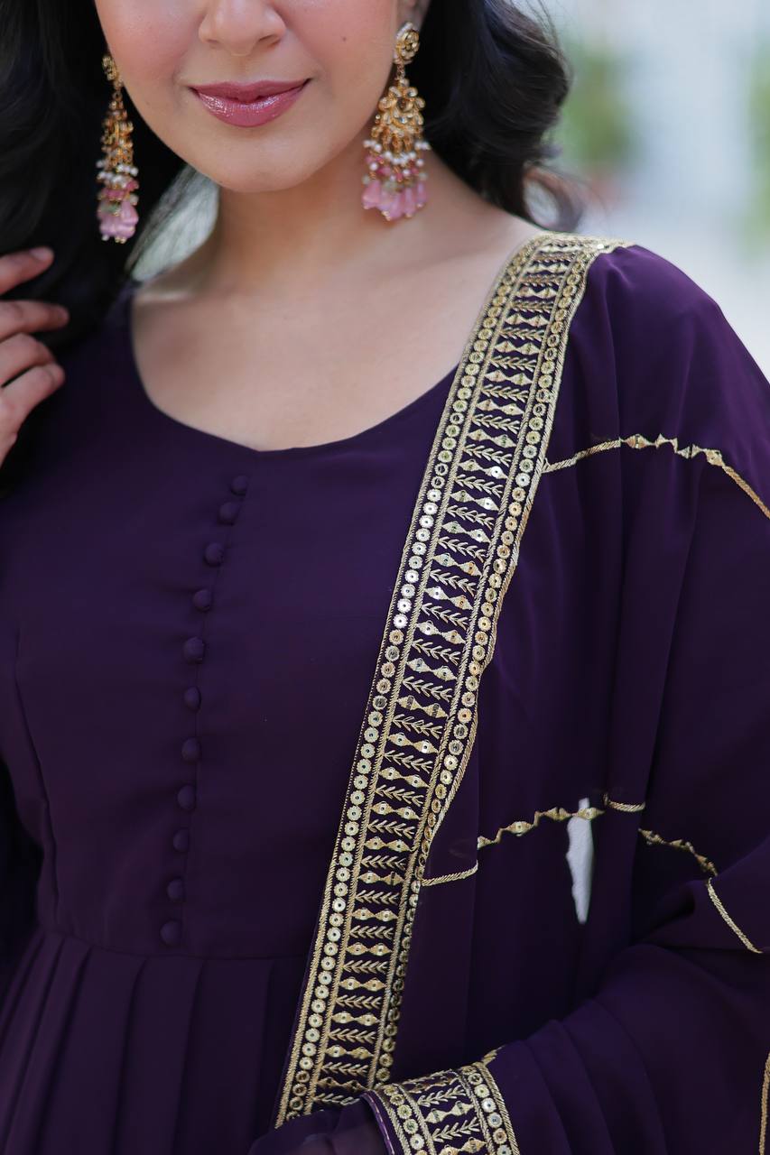 Ceremony Wear Purple Color Faux Blooming With Multi Sequins Embroidered Work Designer Gown