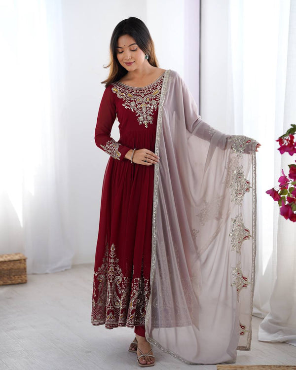 Reception Wear Marron Color Georgette With Multi Thread Embroidery Sequence Work Designer Gown