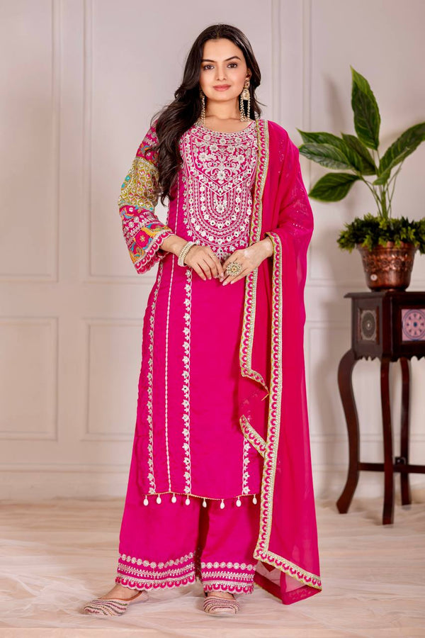 Embellished Pink Color Heavy Vichitra Silk Embroidery Sequences With Real Mirror Work Palazzo Suit