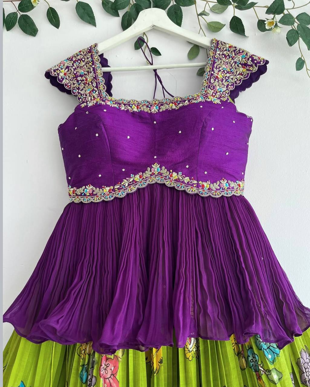 Designer Kediya Style Green and Purple Color Printed Lehenga Choli Set