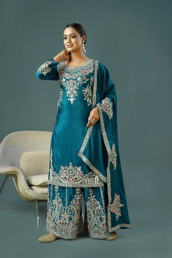 Admiring Teal Green Color Pure Chinon Silk With Heavy Embroidery Coding Dori Sequence Work Palazzo Suit