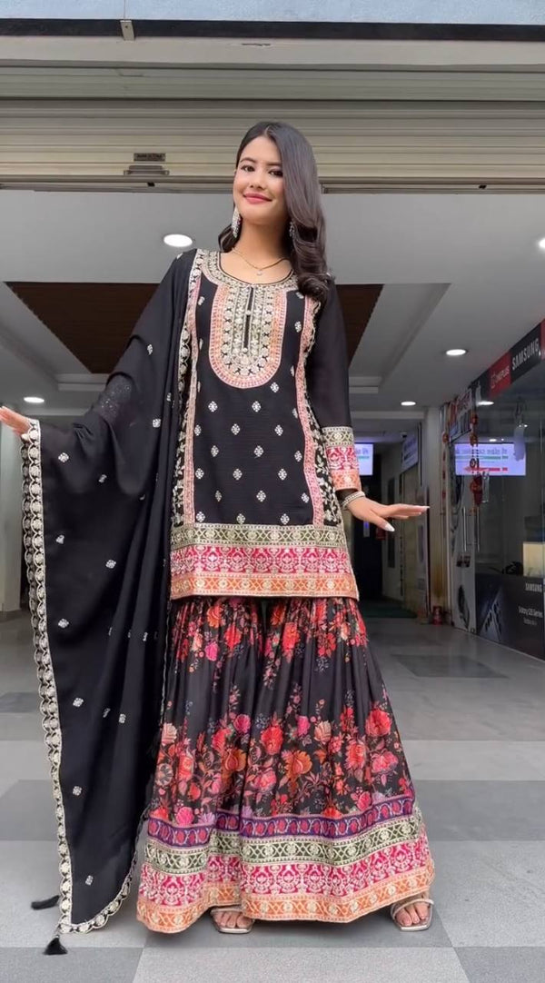 Exclusive Black Color Heavy Fuax Georgette Embroidery Sequences Work Palazzo Suit