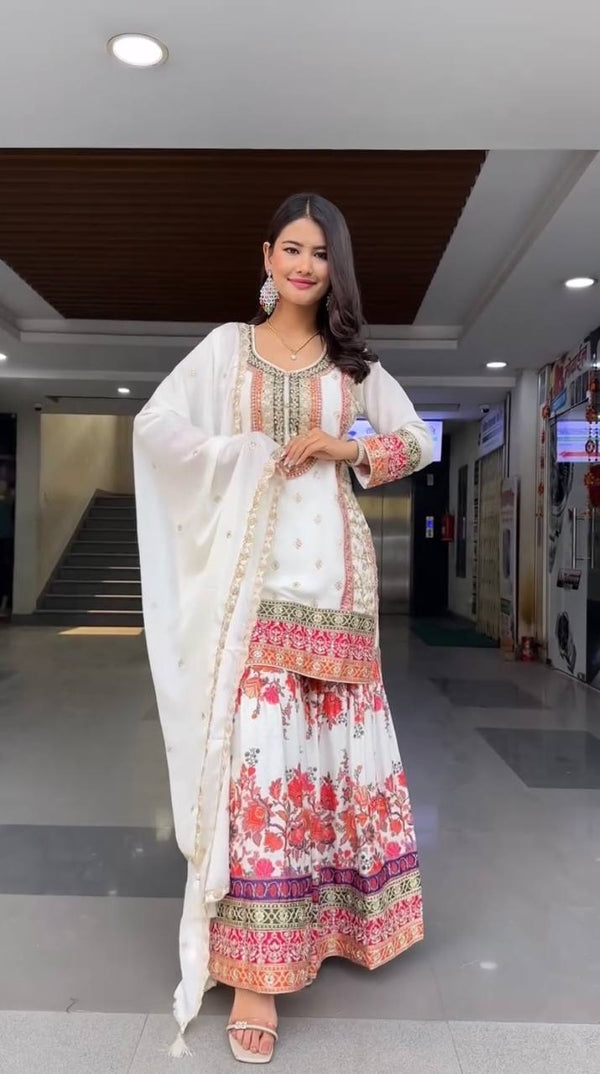 Exclusive White Color Heavy Fuax Georgette Embroidery Sequences Work Palazzo Suit