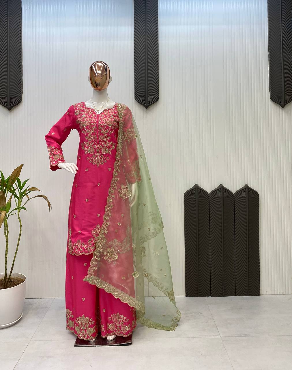 Exclusive Pink Color Embroidery Designer Palazzo Set