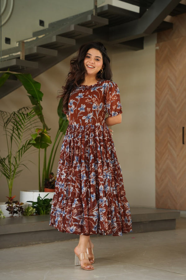 Casual Wear Coffee Color Faux Georgette With Printed Designer Anarkali Gown