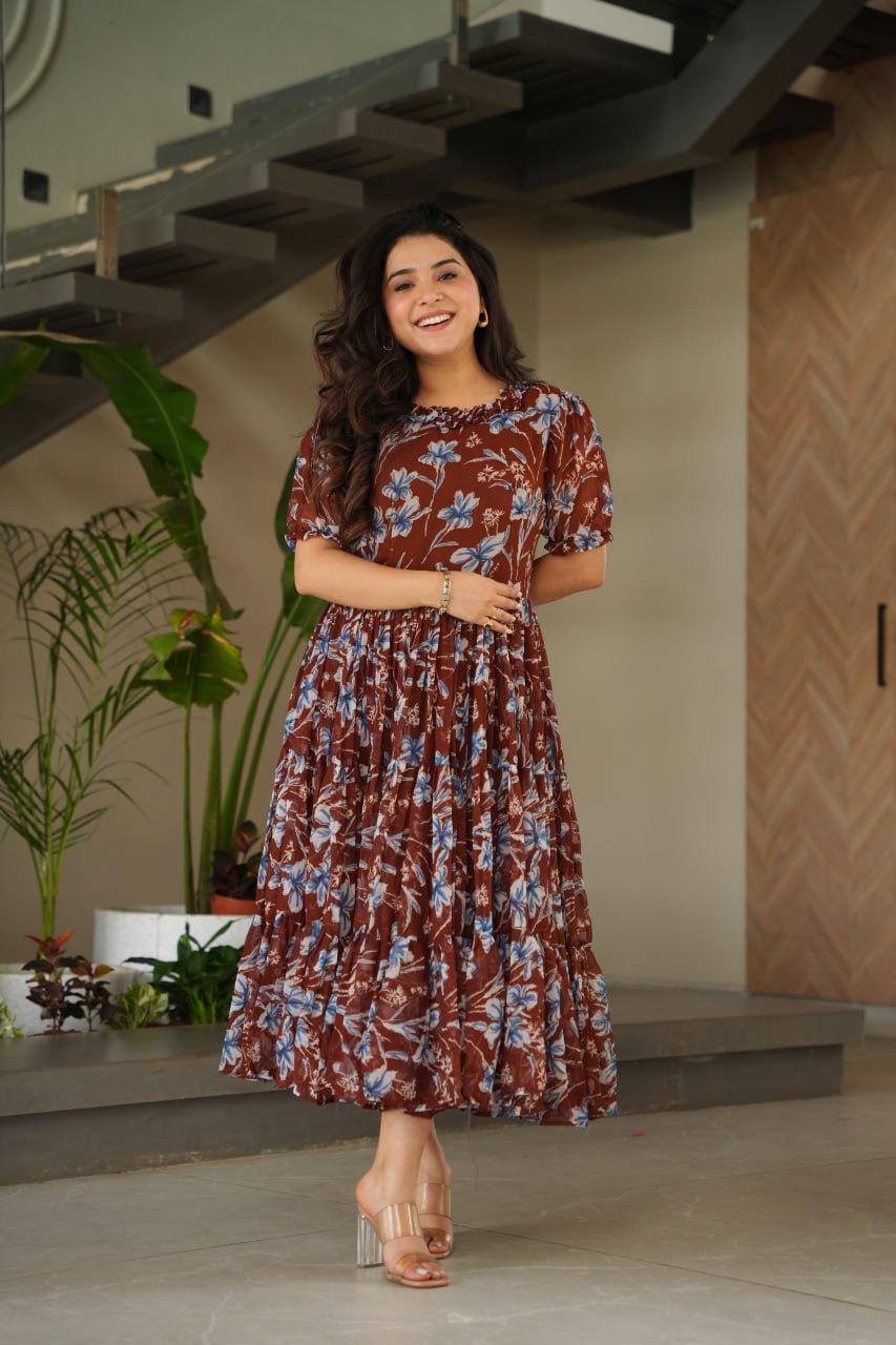 Casual Wear Coffee Color Faux Georgette With Printed Designer Anarkali Gown