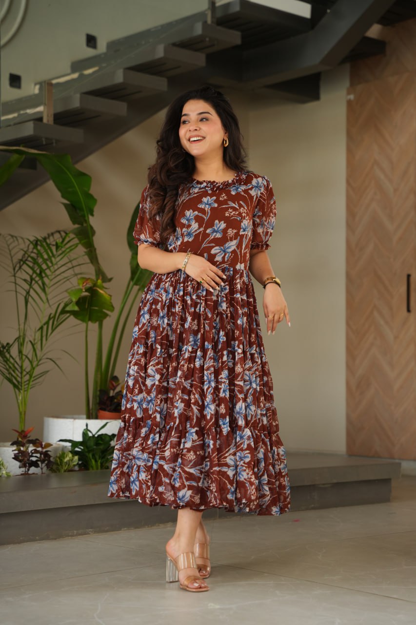 Casual Wear Coffee Color Faux Georgette With Printed Designer Anarkali Gown