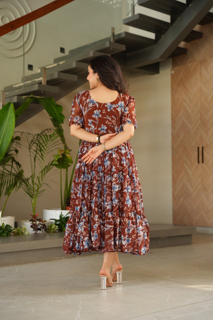 Casual Wear Coffee Color Faux Georgette With Printed Designer Anarkali Gown