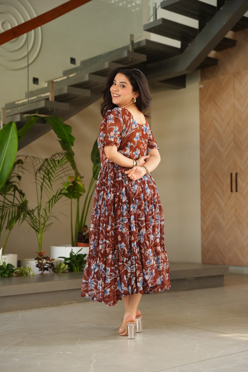 Casual Wear Coffee Color Faux Georgette With Printed Designer Anarkali Gown