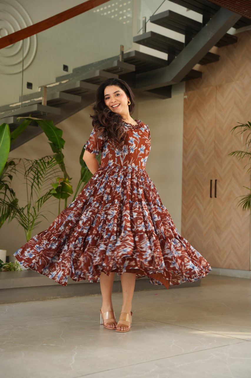 Casual Wear Coffee Color Faux Georgette With Printed Designer Anarkali Gown